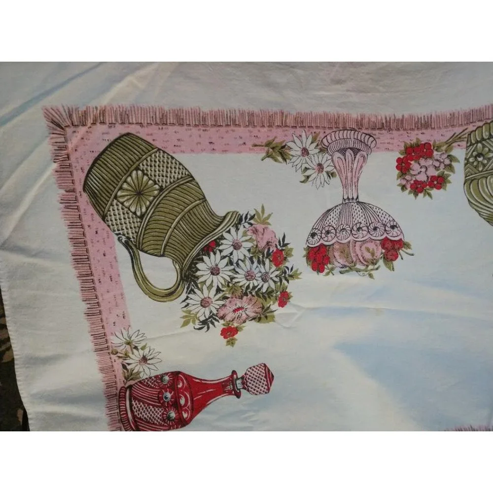 Vintage Cotton Tablecloth W/Floral &Vase Design Pink Green White 46-1/2
